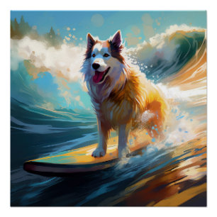 Póster Pintura de Alaskan Malamute haciendo surf en la pl