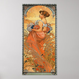 Póster Pintura de Alphonse Mucha - Mujer sosteniendo flor