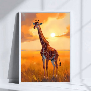 Póster Pintura de animales safari jirafa atardecer