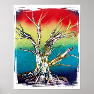 Póster Pintura de árbol de maderas verdes rojas