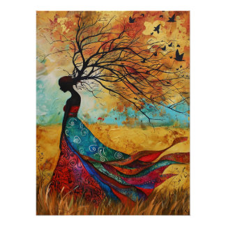 Póster Pintura de árbol de silueta otoñal etérea