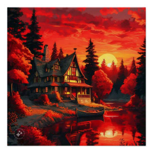 Póster Pintura de atardecer con cabaña y lago-66633