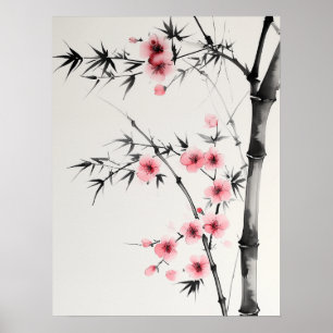 Póster Pintura de bambú y flores de cerezo en el lavado