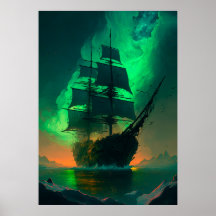 Pintura de barco fantasma con brillo de cielo verd