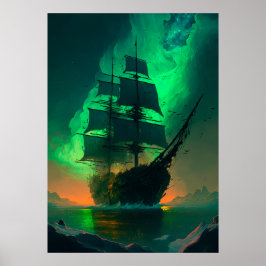 Póster Pintura de barco fantasma con brillo de cielo verd