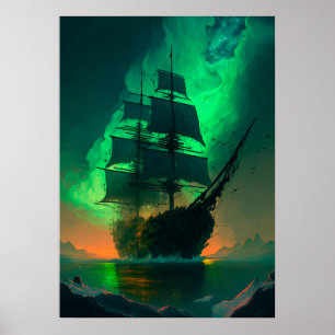 Póster Pintura de barco fantasma con brillo de cielo verd