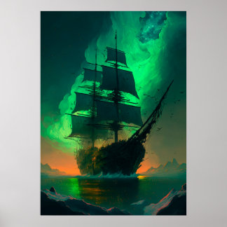 Póster Pintura de barco fantasma con brillo de cielo verd