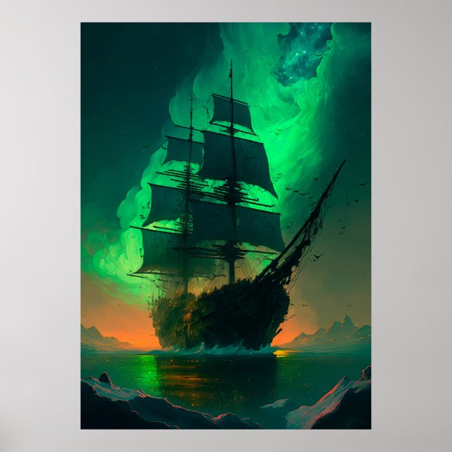 Póster Pintura de barco fantasma con brillo de cielo verd (Frente)