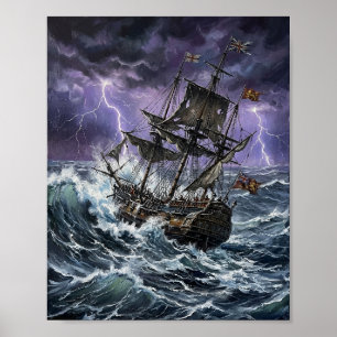Póster Pintura de barco galeón dramático tormentoso océan