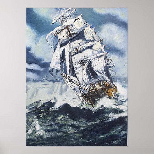 Póster Pintura de barco náutico en el océano (Frente)