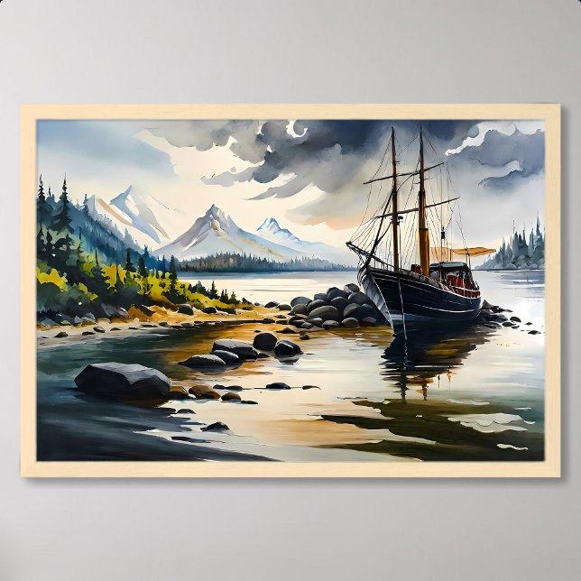 Póster Pintura de barcos pesqueros en medio de la roca y  (Fishing Boat Painting Amidst River Rock and Forest)