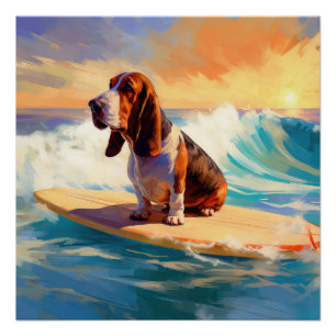 Póster Pintura de Basset Hound Surfing en la Playa