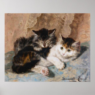 Póster Pintura de Bella Artes Calico Cat y Gray Kitten