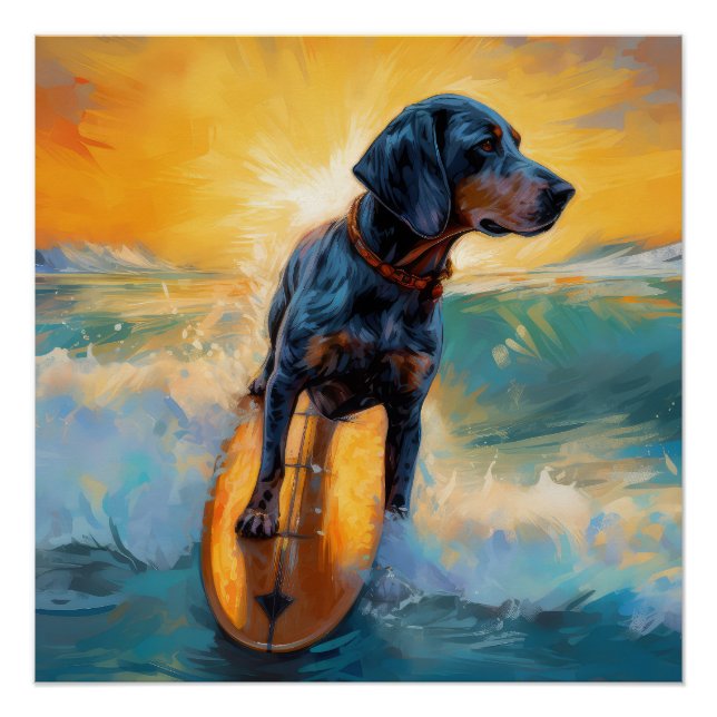 Póster Pintura de Bluetick Coonhound Beach Surfing (Anverso)