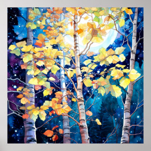 Póster Pintura de bosque otoñal oscuro
