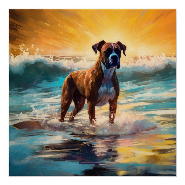 Póster Pintura de Boxer Beach Surfing (Anverso)