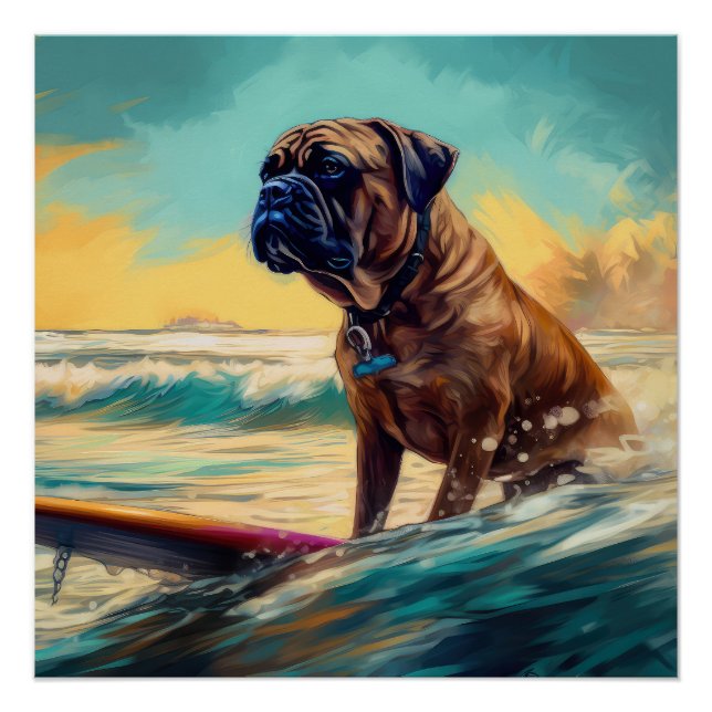 Póster Pintura de Bullmastiff Beach Surfing (Anverso)