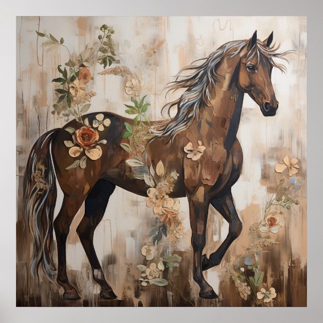 Póster Pintura de caballo floral de bonito (Frente)