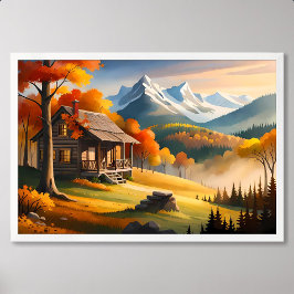 Póster Pintura de cabina: Armonía forestal y montaña neva