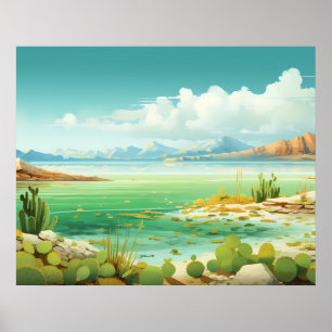 Póster Pintura de cactus en el desierto junto al mar