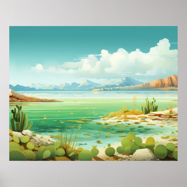 Póster Pintura de cactus en el desierto junto al mar (Frente)
