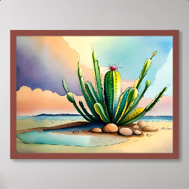 Póster pintura de cactus exuberante cerca de la fuente de