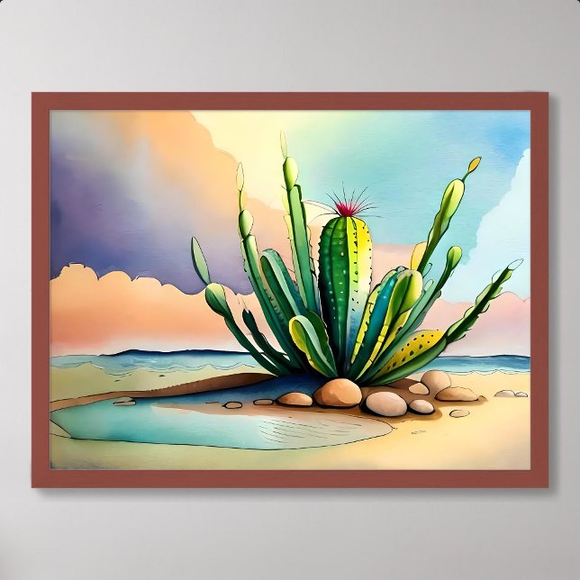 Póster pintura de cactus exuberante cerca de la fuente de (cactus painting lush near rock desert water source)