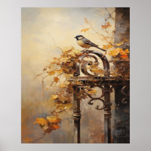 Póster Pintura de caída de un pájaro en una valla