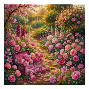 Póster Pintura de camino de jardín de flores rosadas soña