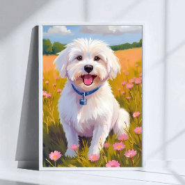 Póster Pintura de Campo de Flores con Perro Maltés