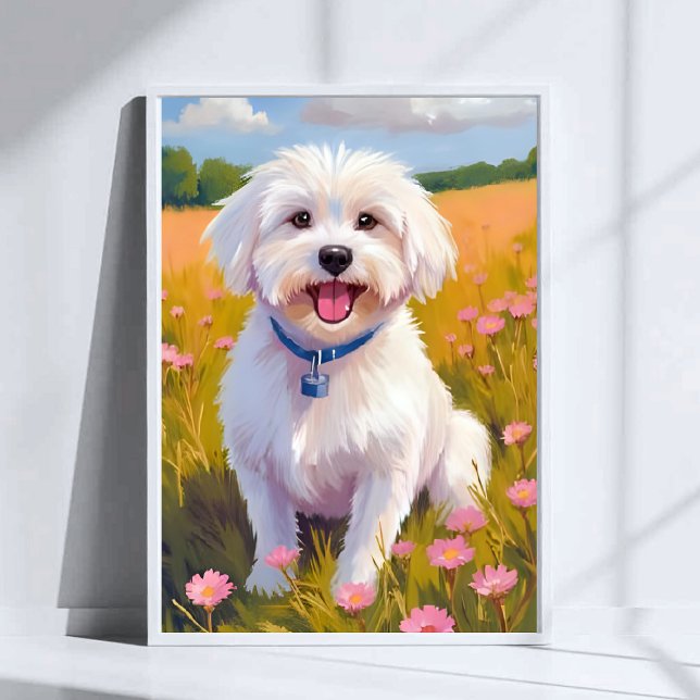 Póster Pintura de Campo de Flores con Perro Maltés (Subido por el creador)