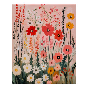 Póster pintura de campo de flores silvestres coloridas