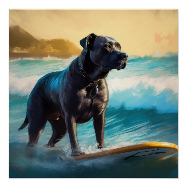 Póster Pintura de Cane Corso en la playa surfeando (Anverso)