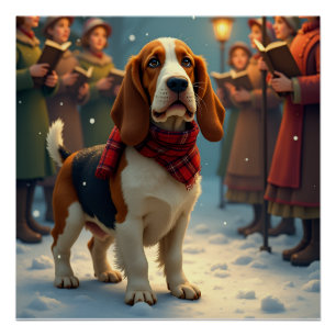 Póster Pintura de Cantantes de Villancicos con Basset Hou