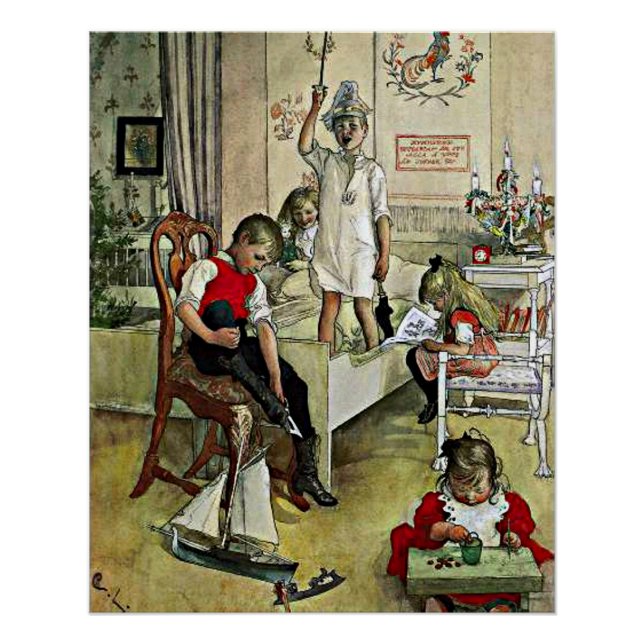 Póster Pintura de Carl Larsson, Navidades Morning (Anverso)