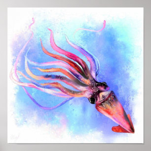Póster Pintura de cartel de calamar nadando colorido