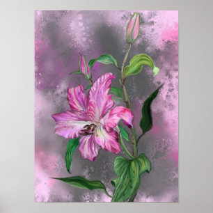 Póster Pintura de cartel de flores de lirio rosa púrpura