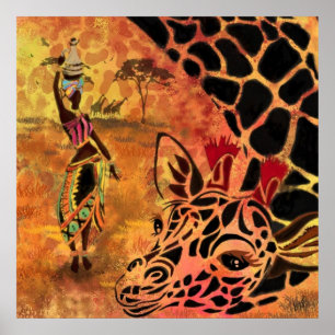Póster Pintura de cartel de niña africana y amigos jirafa