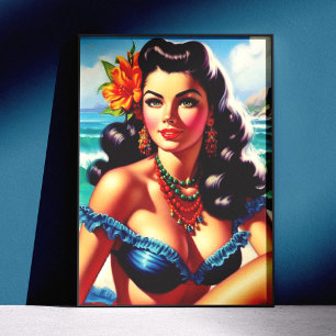Póster Pintura de chica pin-up de playa vintage