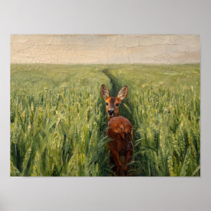 Póster Pintura de ciervos en campo de trigo verde