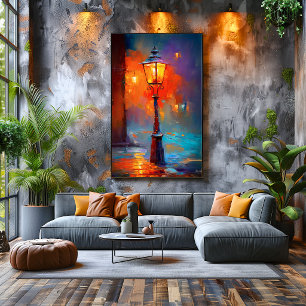 Póster Pintura de ciudad impresionista de farola nocturna