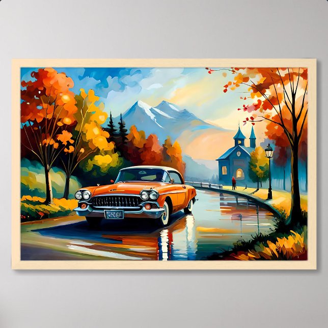 Póster pintura de coches clásico camino de campo móvil dí (car painting classic moving country road sunny day)