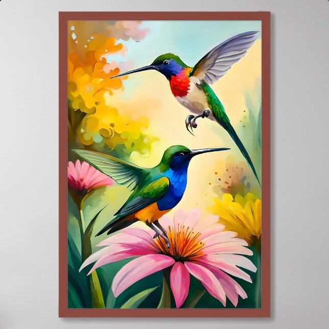Póster Pintura de colibrí: Pareja bailando entre flores (Hummingbird Painting: Couple Dancing Among Flowers)