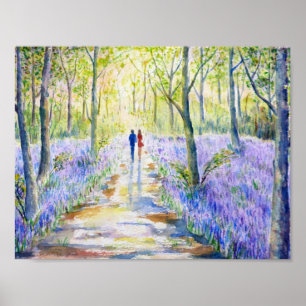 Póster Pintura de color de agua Camino de madera azul