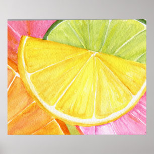 Póster Pintura de color de agua de cítricos, cal, limón,