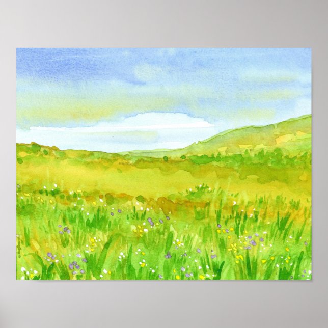 Póster Pintura de color de agua de la pradera de flores s (Frente)