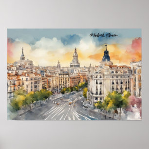 Póster Pintura de color de agua de la silueta de Madrid E