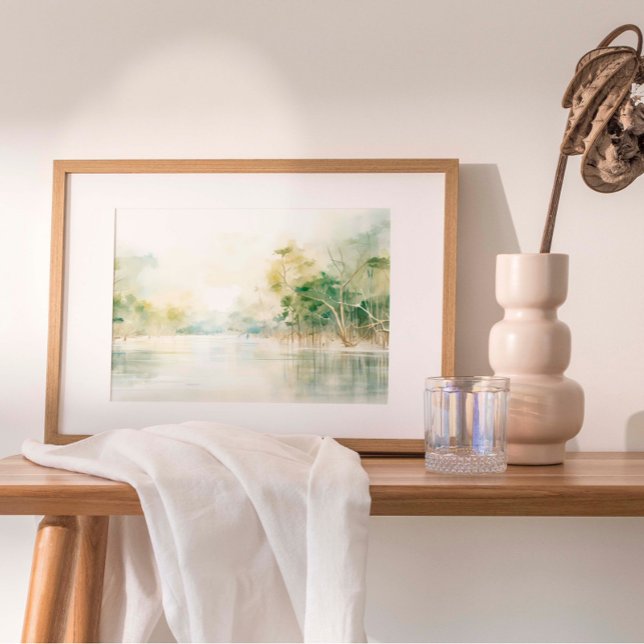 Póster Pintura de color de agua de los manglares (A tranquil depiction of mangrove trees in muted, gentle tones, capturing the essence of coastal hope)