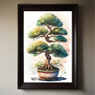 Póster Pintura de color de agua del árbol Bonsai en la ol