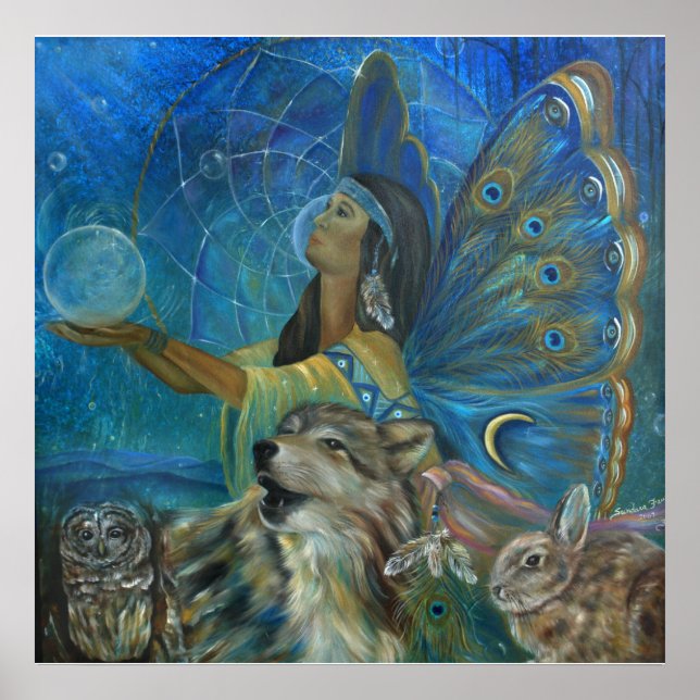 Póster Pintura de conejo de lobo nativo americano (Frente)